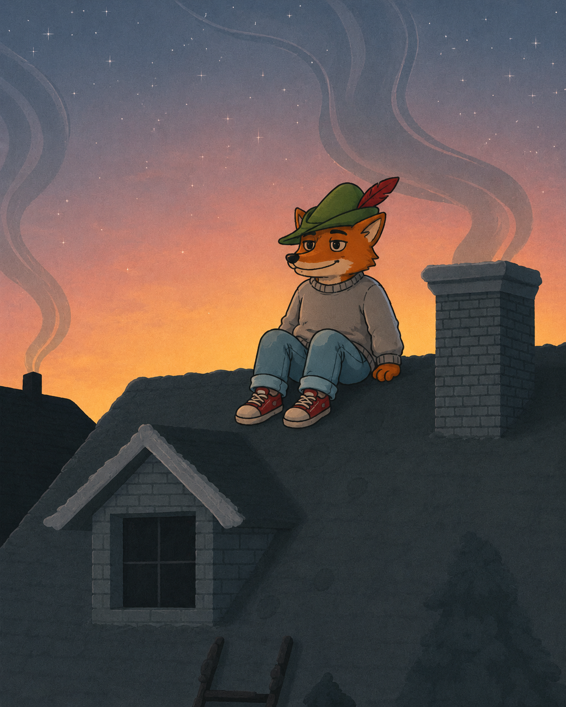 Chillhoodguy, the fox mascot of $CHILLHOODGUY, wearing a green Robin Hood-style cap with a red feather